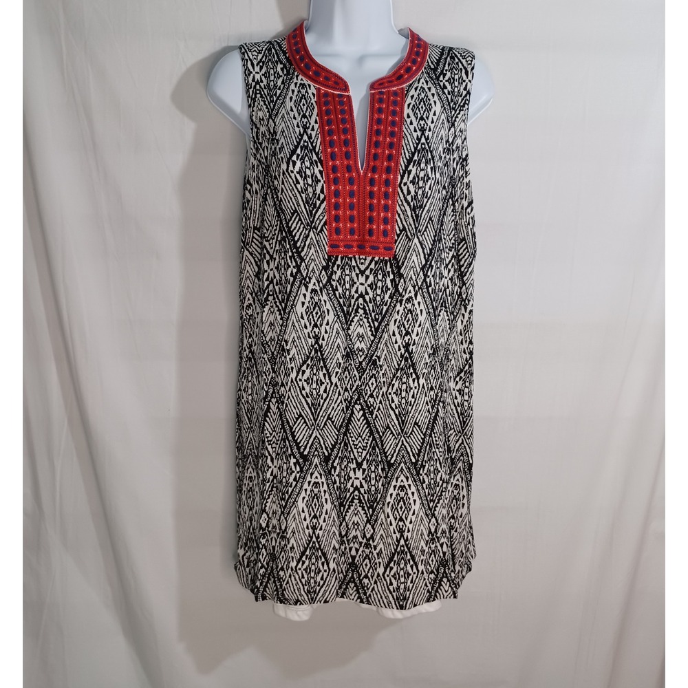 Women's Tribal Black & White w/ Red Accent Neckline Comfy Tank Dress Size Medium